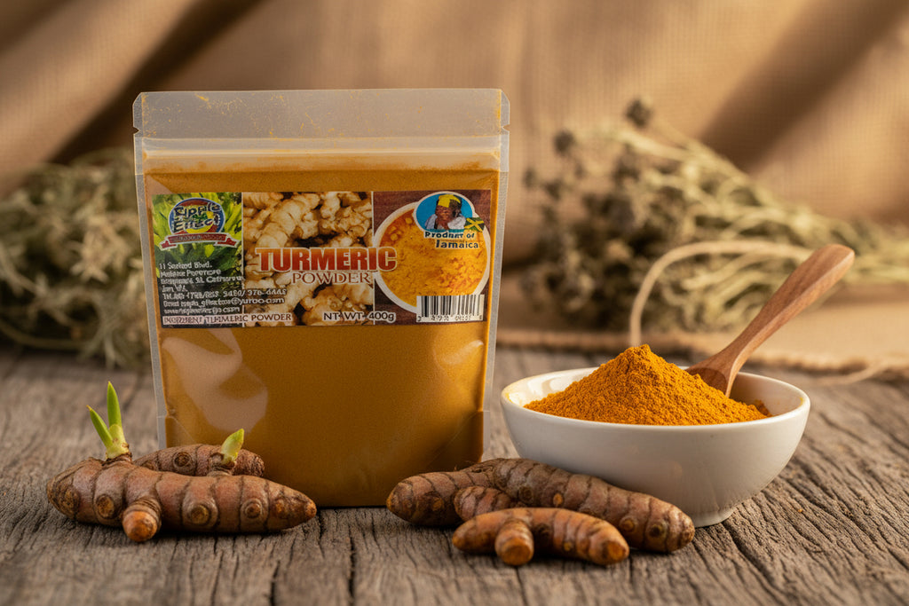 Packaging of turmeric powder with branding and product details.