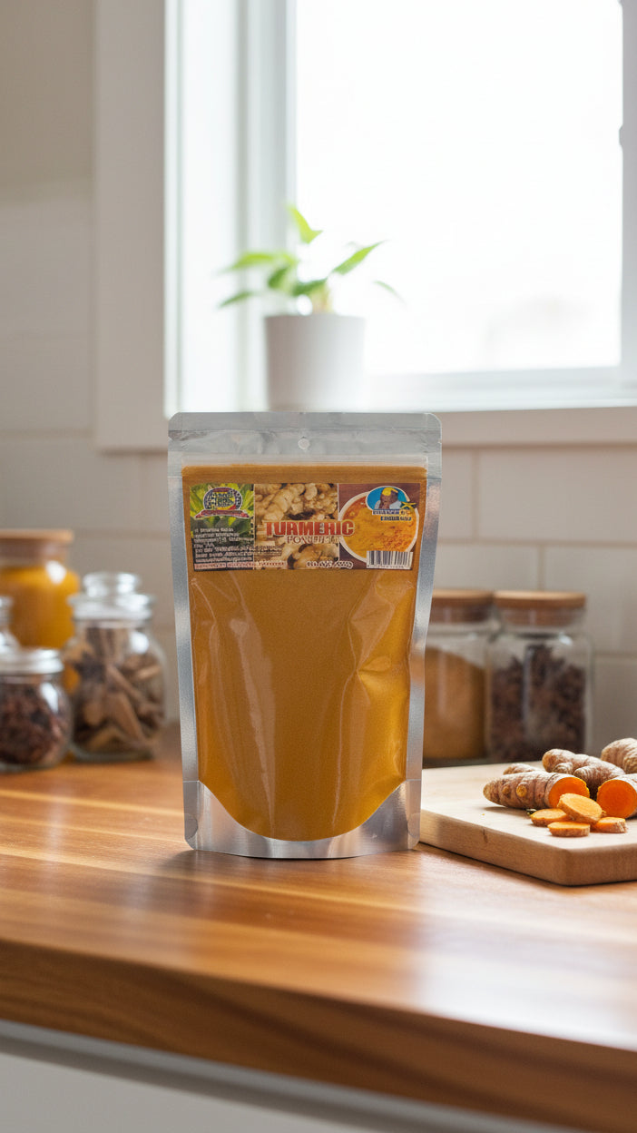 Turmeric powder package with visible branding and product details.