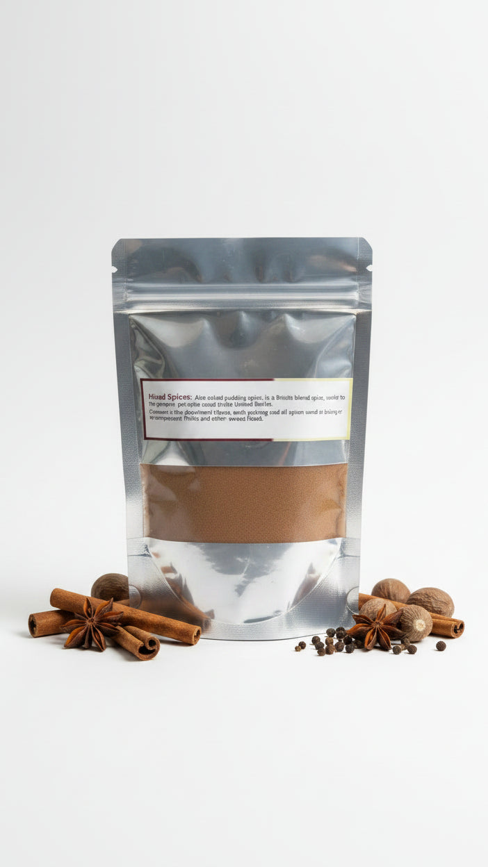Label describing mixed spices with text on a metal surface