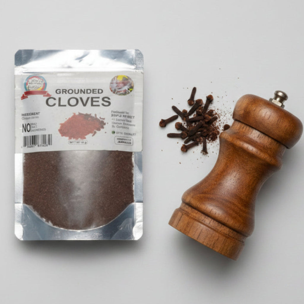 Packaged ground cloves with a label on a gray background