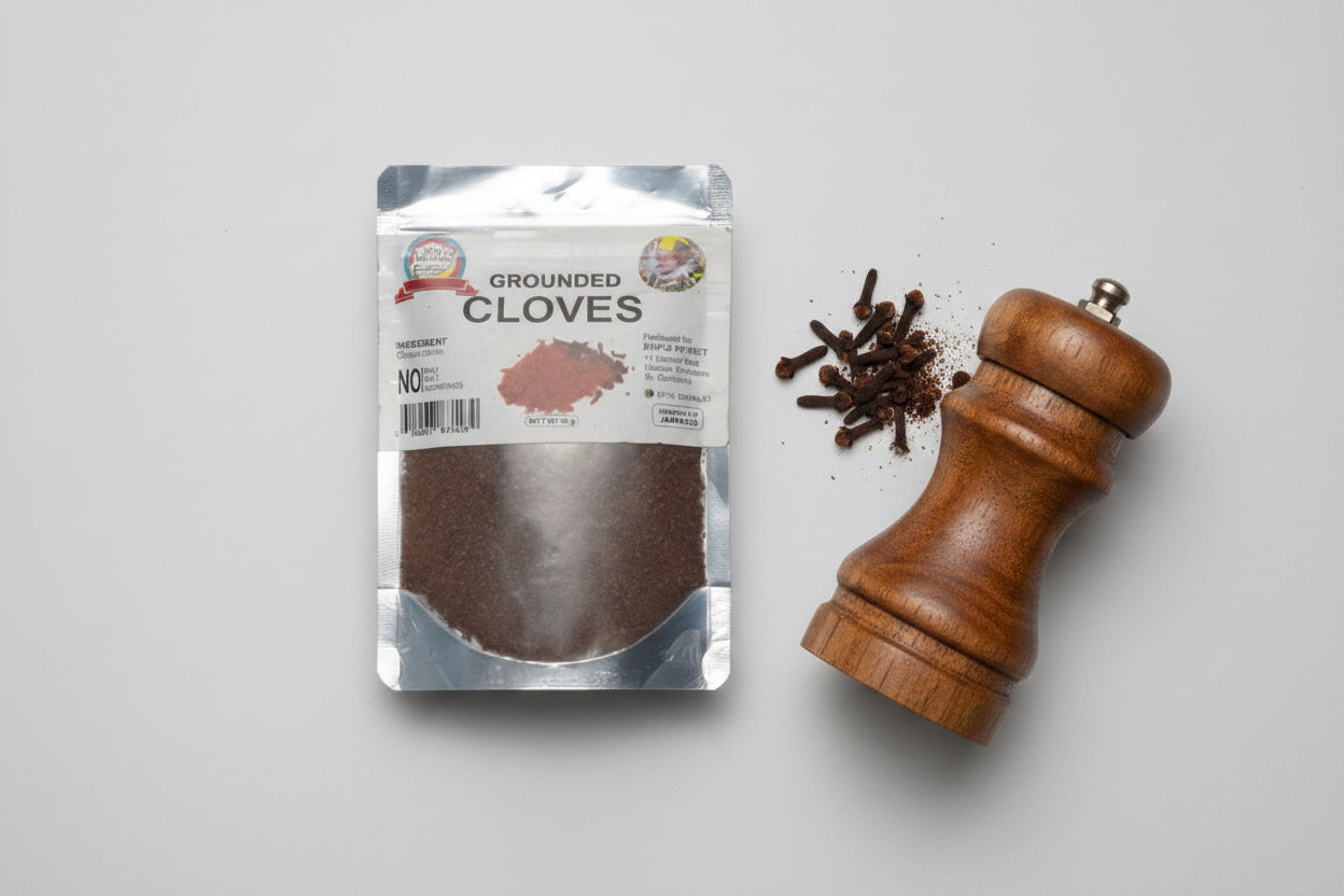 Packaged ground cloves with a label on a gray background