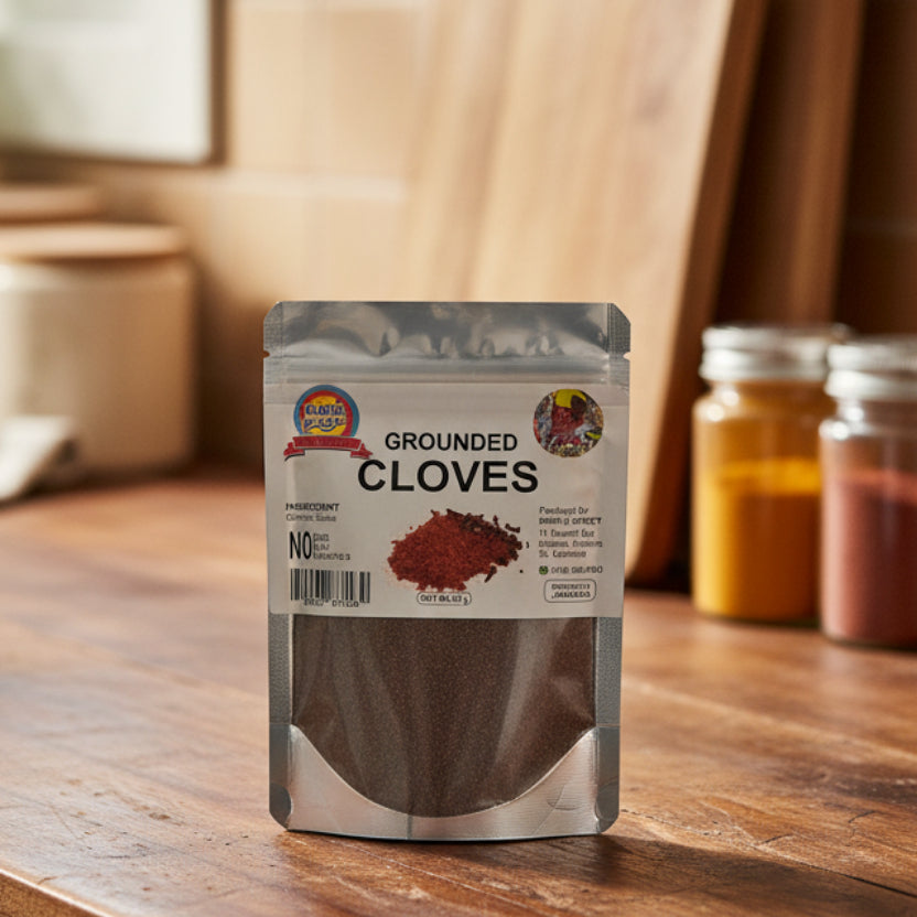 Package of ground cloves with a label on a reflective surface