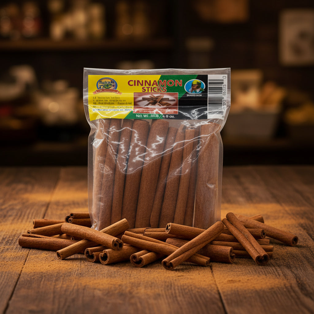 Packaged cinnamon sticks with a visible brand label on a white background