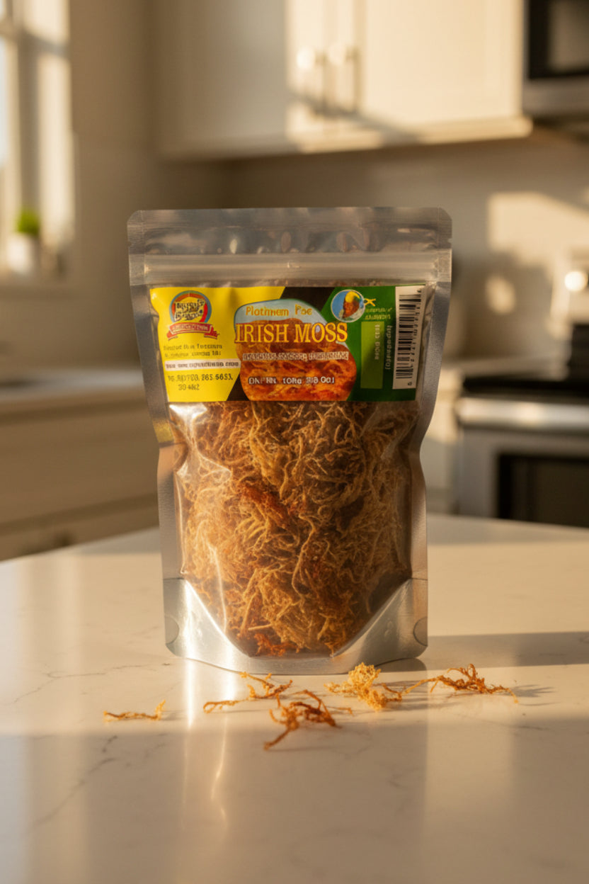 A vacuum-sealed package of Irish Moss, showing the brown fibrous material inside alongside a green and yellow label on a white background.